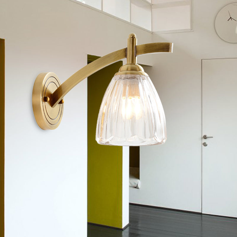 1 Glühbirnenkegelleuchte Lampe Tradition Metallwandbeleuchtung in Gold mit geripptem Glasschatten für Bett