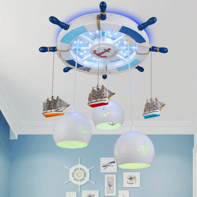 White Glass Dome Flushmount Creative 3-Head Semi Flush Ceiling Light with Rudder Canopy and Boat Decor