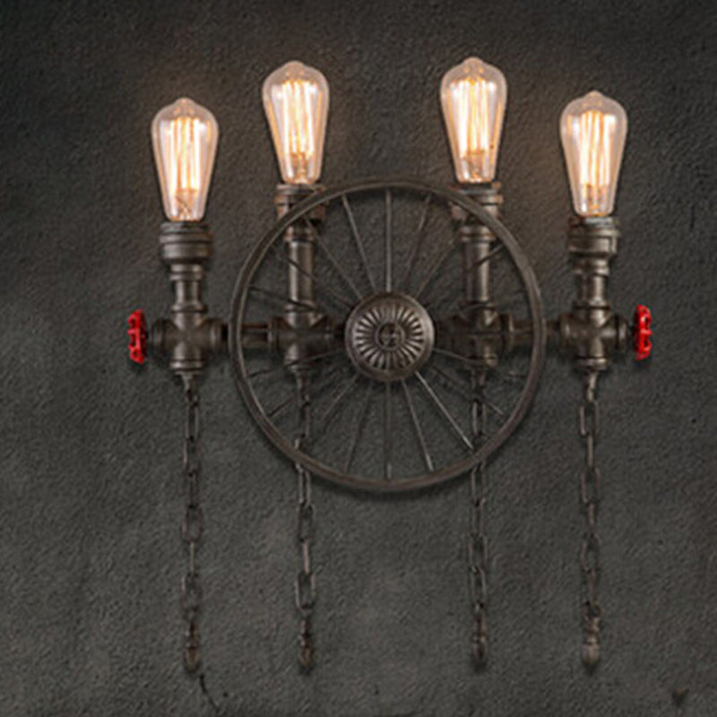 Black Wheel Wall Mounted Light Industrial Iron Garage Sconce Lamp with Decorative Chain and Valve