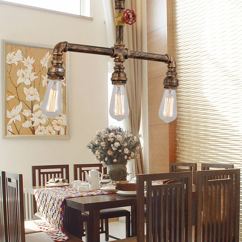 Water Pipe Restaurant Island Lamp Industrial Metal 3-Head Hanging Light with Red Valve Decor