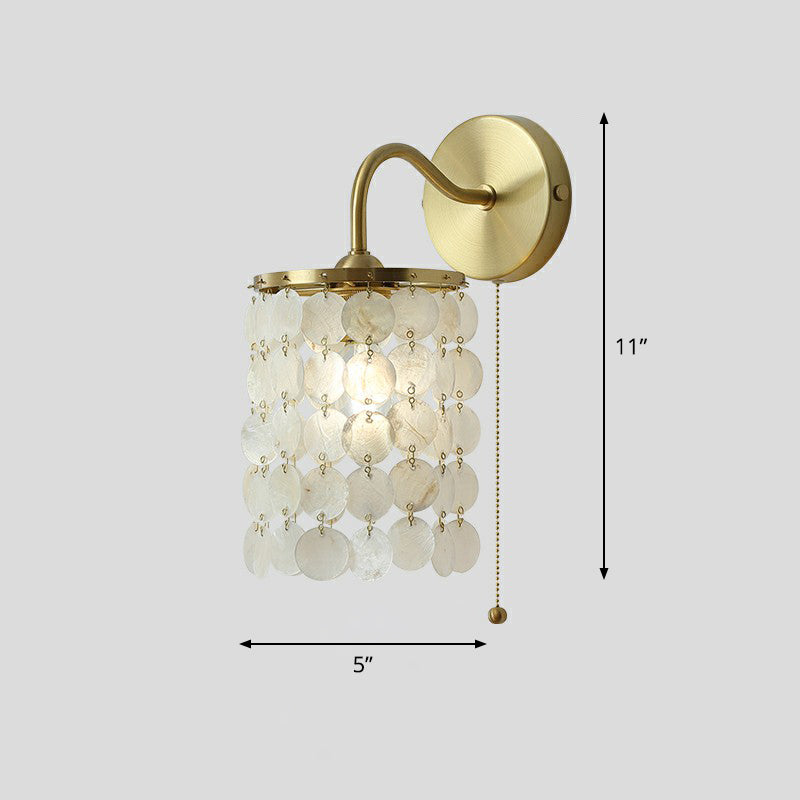 Single-Bulb Discs Wall Lighting Coastal Gold Natural Shell Wall Mounted Light with Pull Chain