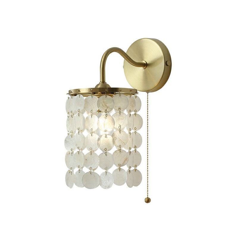 Single-Bulb Discs Wall Lighting Coastal Gold Natural Shell Wall Mounted Light with Pull Chain