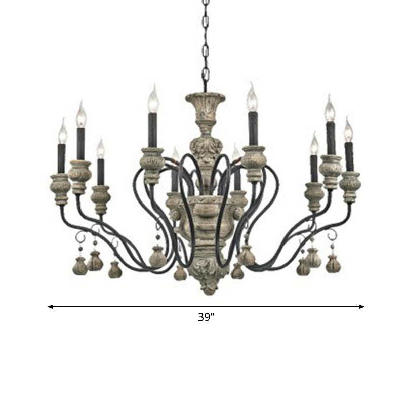 Resin Candlestick Chandelier French Country Dining Room Hanging Lamp in Black-Grey