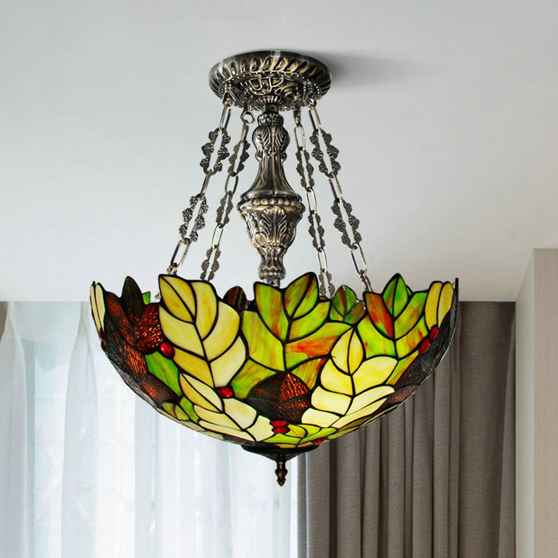 Foliage Hand-Crafted Glass Chandelier Baroque 3-Bulb Green Pendant Light Fixture