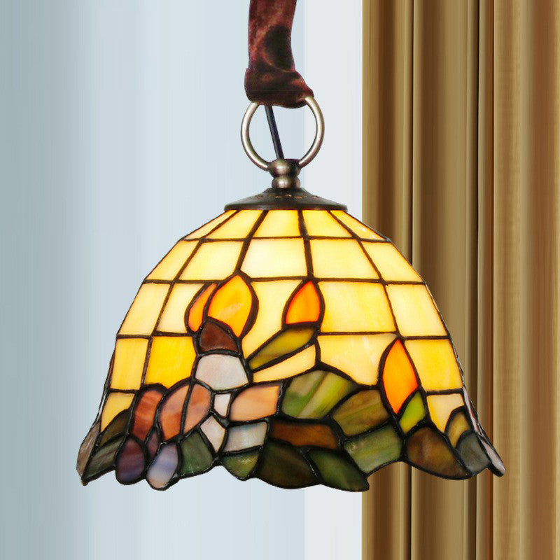 Glockenförmige hängende Leuchte Tiffany Buntglas Eins -beige -Anhängerlampe mit Blattmuster