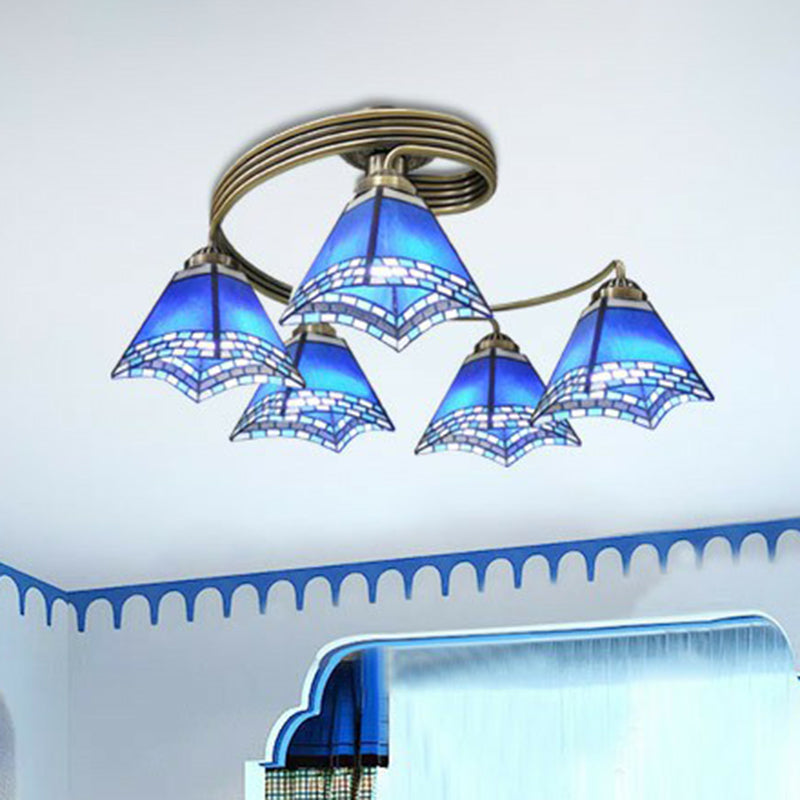 Mediterranean Spiral Ceiling Light Metal Semi Flush Mount Light with Stained Glass Shade