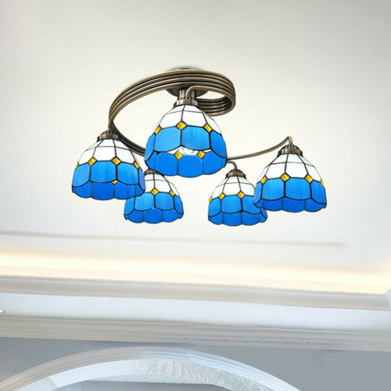 Mediterranean Spiral Ceiling Light Metal Semi Flush Mount Light with Stained Glass Shade