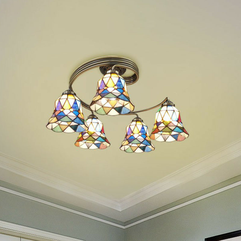 Mediterranean Spiral Ceiling Light Metal Semi Flush Mount Light with Stained Glass Shade