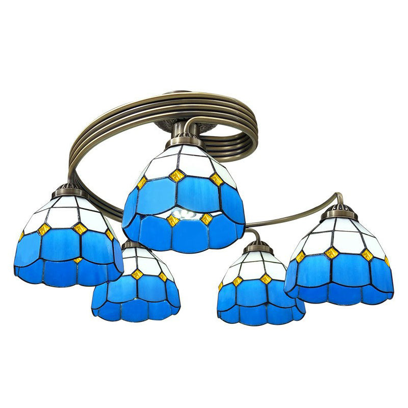 Mediterranean Spiral Ceiling Light Metal Semi Flush Mount Light with Stained Glass Shade