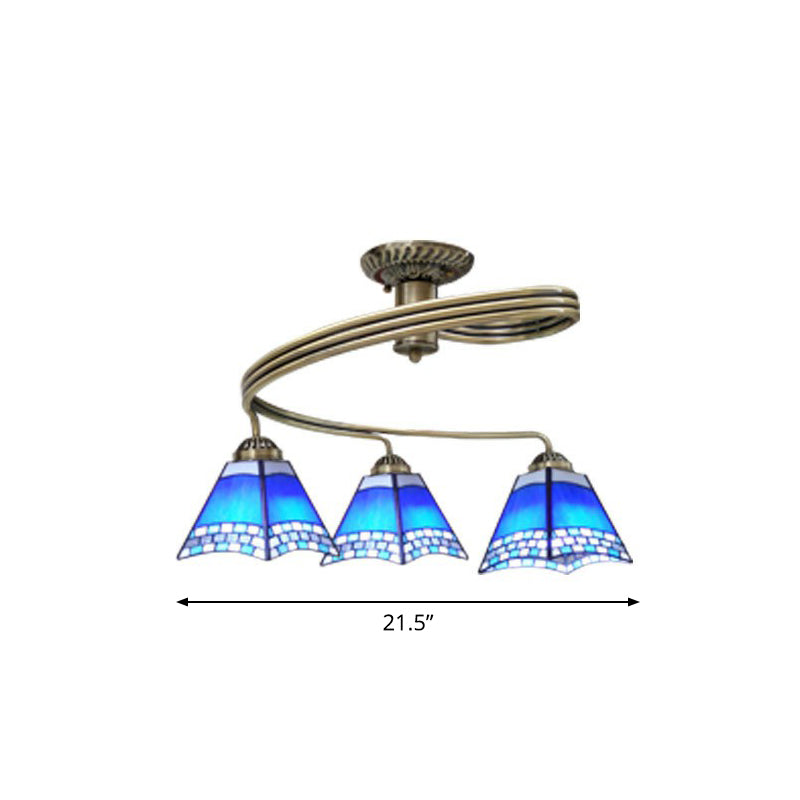 Mediterranean Spiral Ceiling Light Metal Semi Flush Mount Light with Stained Glass Shade