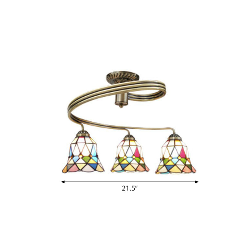 Mediterranean Spiral Ceiling Light Metal Semi Flush Mount Light with Stained Glass Shade
