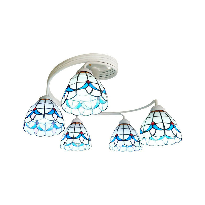 Mediterranean Spiral Ceiling Light Metal Semi Flush Mount Light with Stained Glass Shade