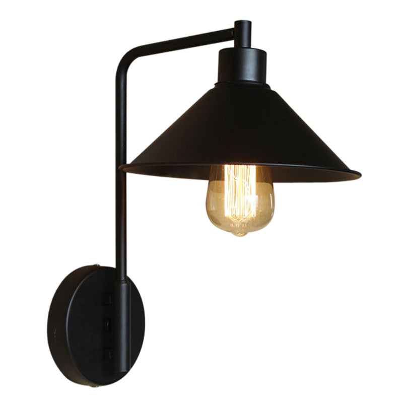 Conical Bedside Reading Light Retro Metal 1-Light Black Wall Mounted Lamp with Rolled Edge