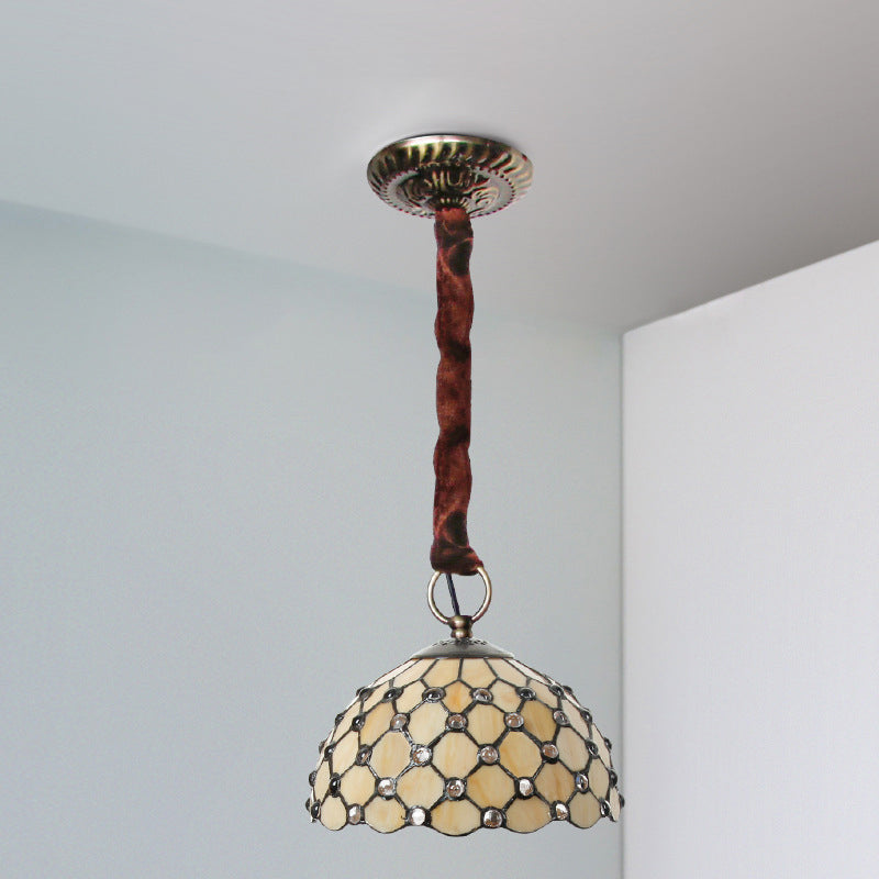 Beige Bowl Suspension Lamp Tiffany 1-Bulb Cut Glass Ceiling Light Fixture with Jewel Deco
