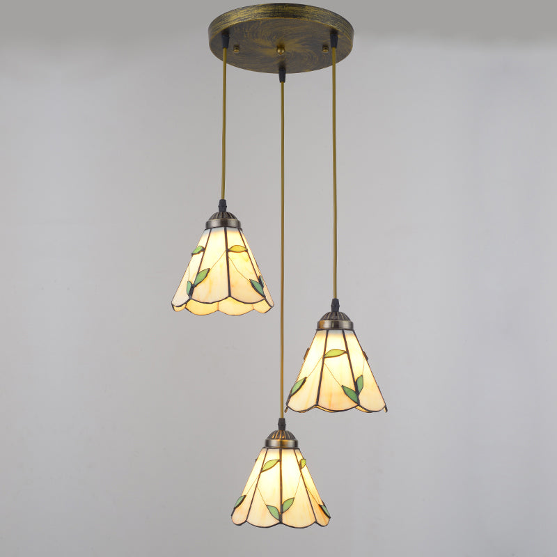 Beige 3 Bulbs Cluster Pendant Tiffany Stained Glass Scalloped Suspension Lighting for Dining Room