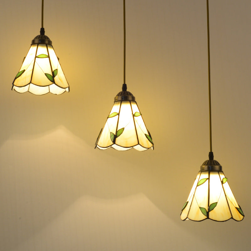 Beige 3 Bulbs Cluster Pendant Tiffany Stained Glass Scalloped Suspension Lighting for Dining Room