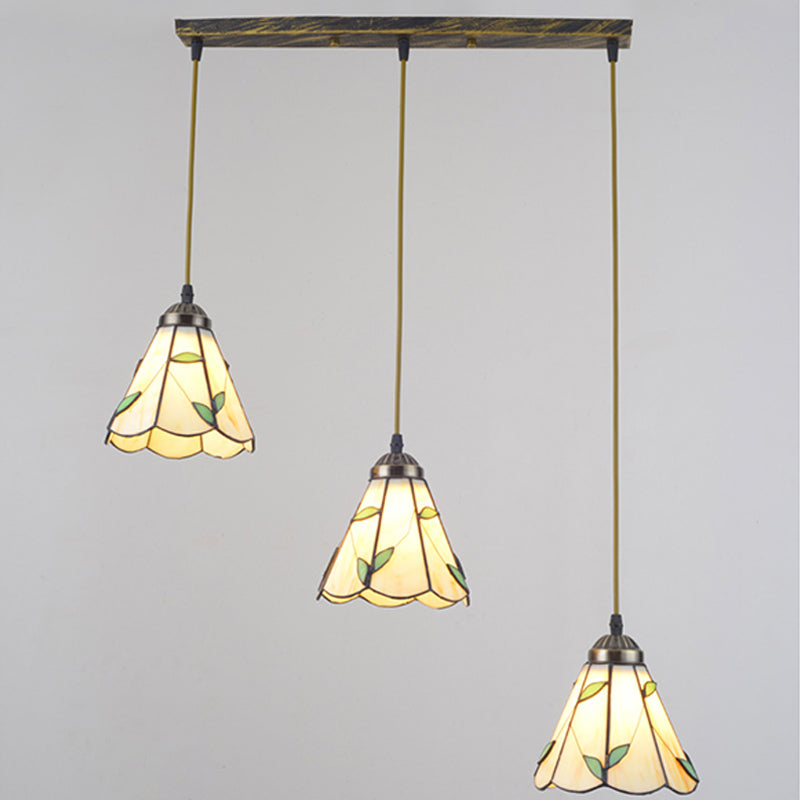 Beige 3 Bulbs Cluster Pendant Tiffany Stained Glass Scalloped Suspension Lighting for Dining Room