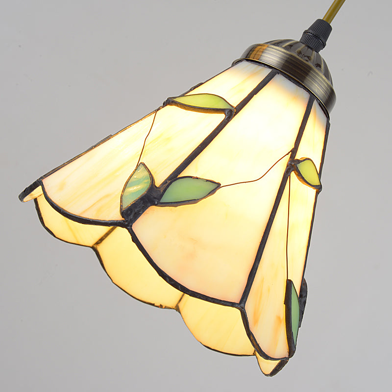 Beige 3 Bulbs Cluster Pendant Tiffany Stained Glass Scalloped Suspension Lighting for Dining Room