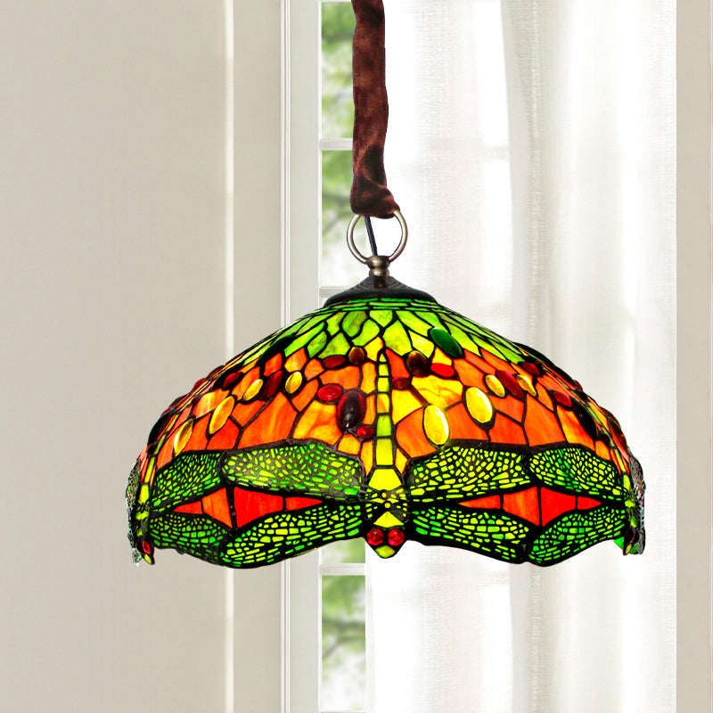 Groene 3 lichten Suspensie Lamp Tiffany gebrandschilderd glazen kom kroonluchter met libelpatroon en edelsteenachtige cabochons