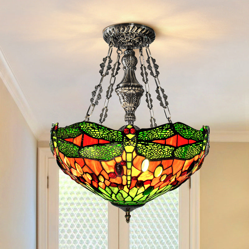 Groene 3 lichten Suspensie Lamp Tiffany gebrandschilderd glazen kom kroonluchter met libelpatroon en edelsteenachtige cabochons