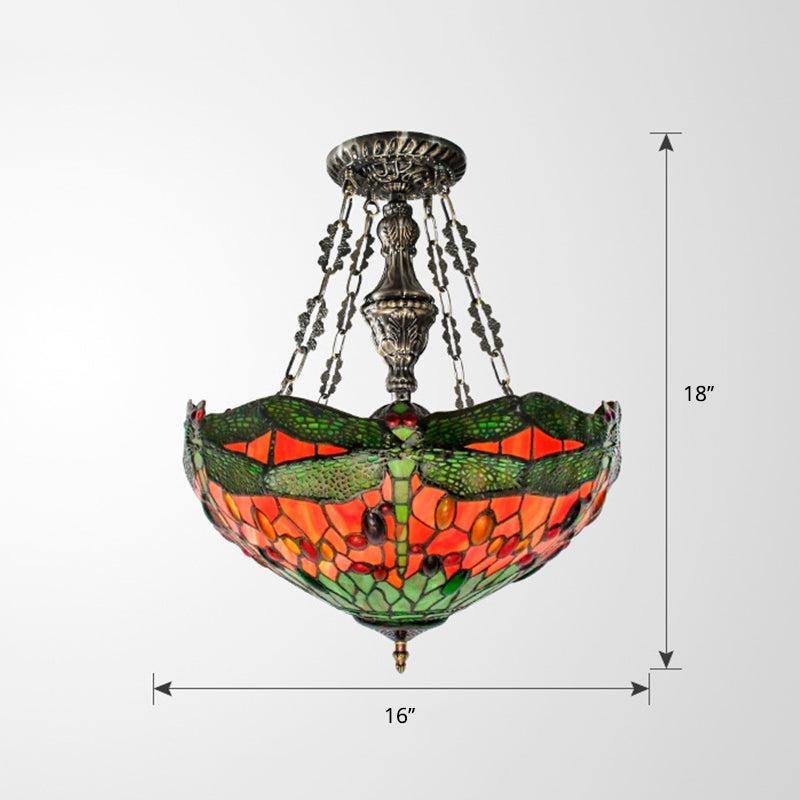 Groene 3 lichten Suspensie Lamp Tiffany gebrandschilderd glazen kom kroonluchter met libelpatroon en edelsteenachtige cabochons