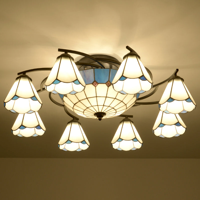 Mediterraan Bloemplafond Flush Licht bevlekte kunstglas Semi Montage verlichting voor slaapkamer