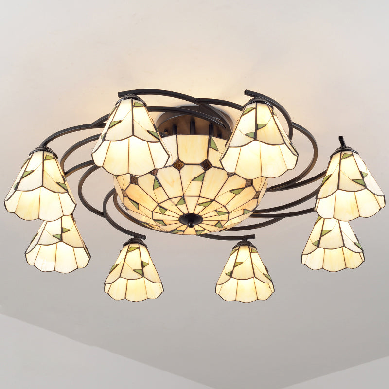 Mediterraan Bloemplafond Flush Licht bevlekte kunstglas Semi Montage verlichting voor slaapkamer