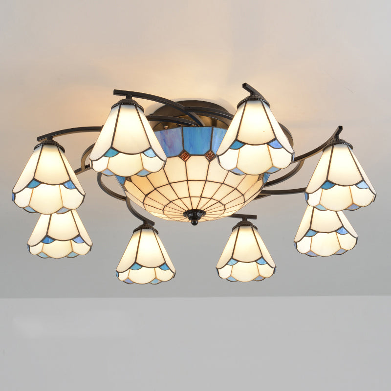 Mediterraan Bloemplafond Flush Licht bevlekte kunstglas Semi Montage verlichting voor slaapkamer