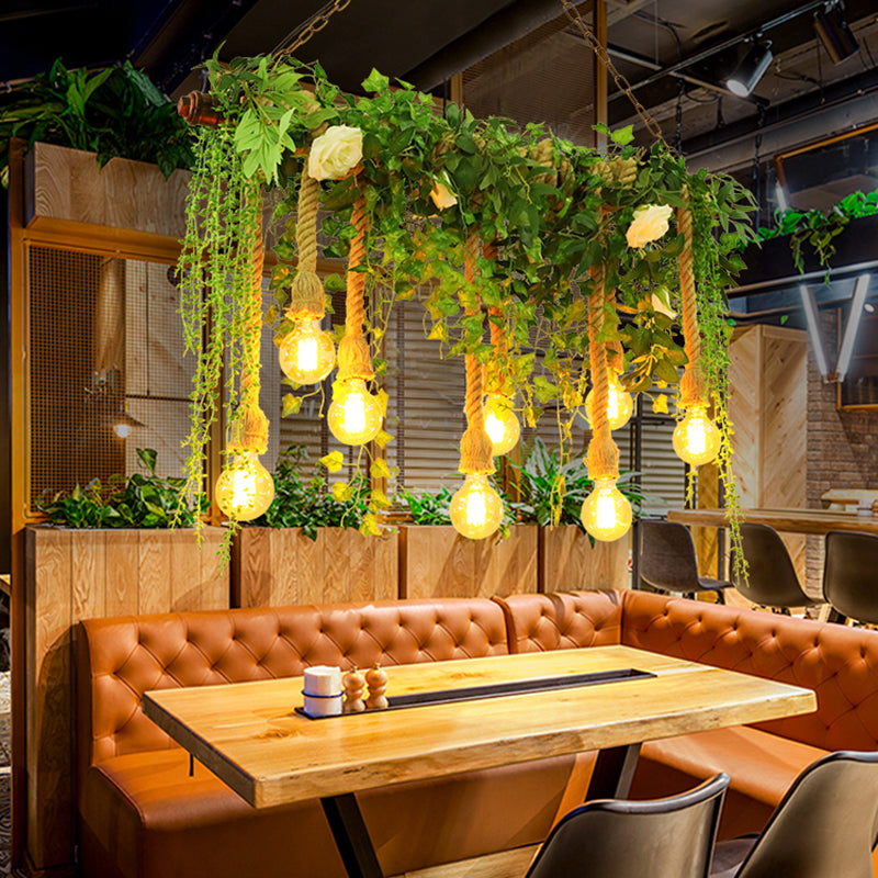 Green Island Light Fixture Rustic Wooden Linear Suspension Lamp with Decorative Vines and Rose