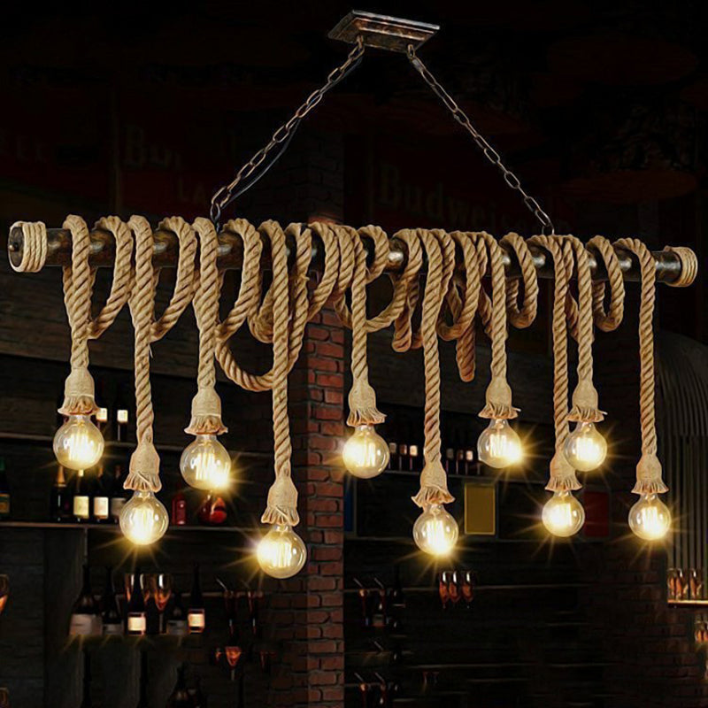 Natural Rope Light-Brown Island Lamp Bare-Bulb Design Industrial Suspension Light Fixture