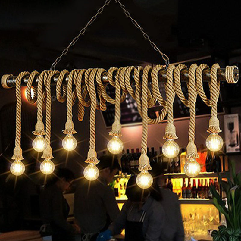 Natural Rope Light-Brown Island Lamp Bare-Bulb Design Industrial Suspension Light Fixture