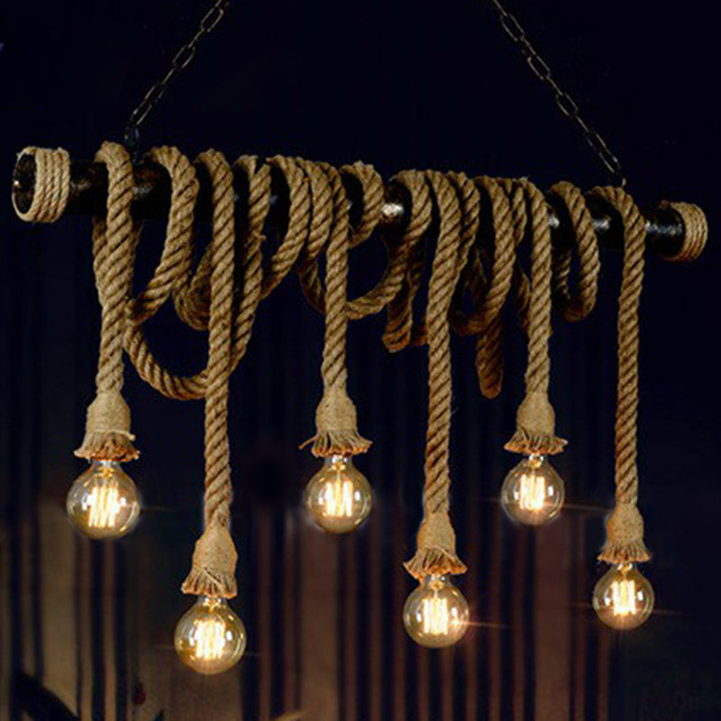Natural Rope Light-Brown Island Lamp Bare-Bulb Design Industrial Suspension Light Fixture