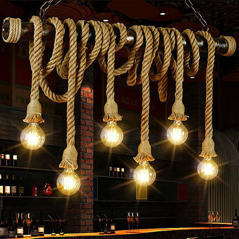 Natural Rope Light-Brown Island Lamp Bare-Bulb Design Industrial Suspension Light Fixture