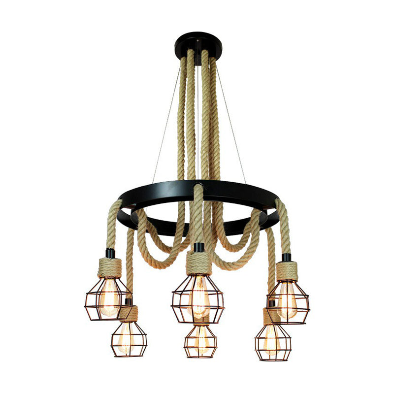 Black 6-Light Chandelier Industrial Iron Cage Pendant Light with Hemp Rope for Dining Room
