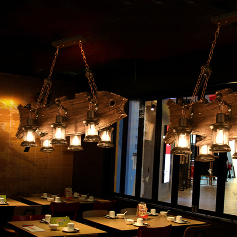 6 têtes îles Éclairage de poisson rustique Lampe suspendue en bois en forme de poisson avec teinte lanterne en marron