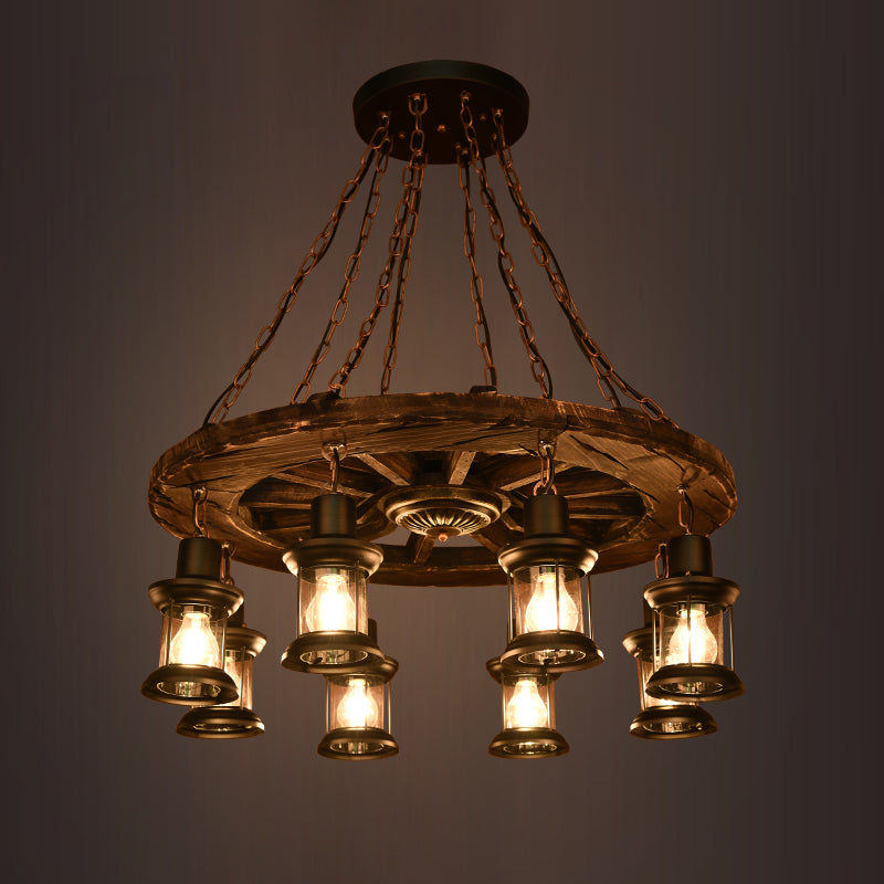 Wooden Wagon Wheel Chandelier Nautical 8-Bulb Dining Room Pendant Light Fixture with Lantern in Brown