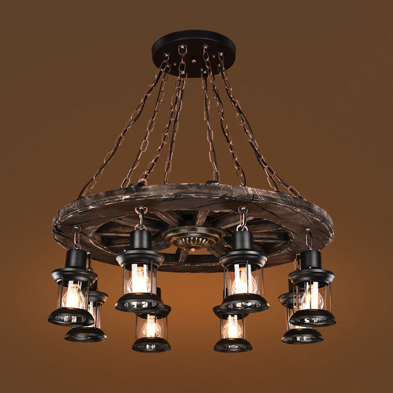 Wooden Wagon Wheel Chandelier Nautical 8-Bulb Dining Room Pendant Light Fixture with Lantern in Brown