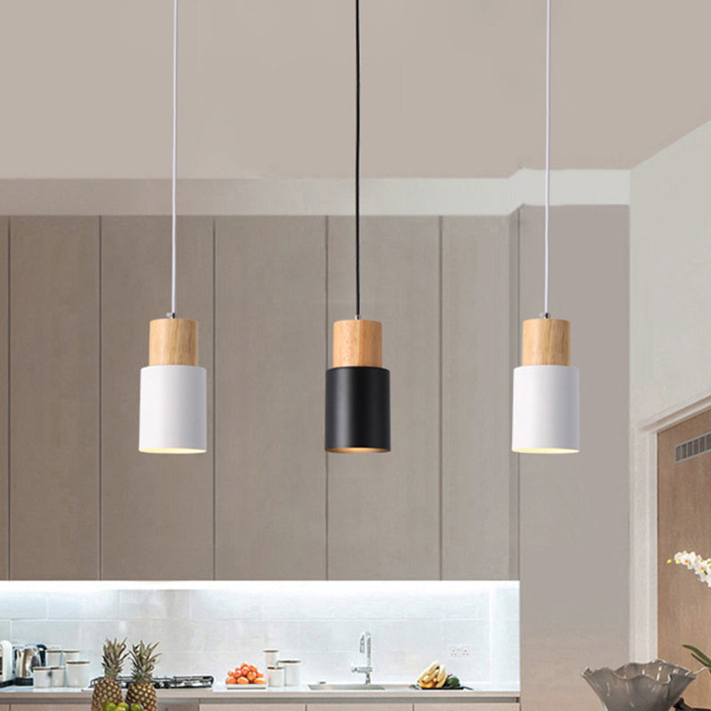 Tubular Bedside Pendant Spotlight Metal 1-Light Minimalist Hanging Lamp with Wooden Top
