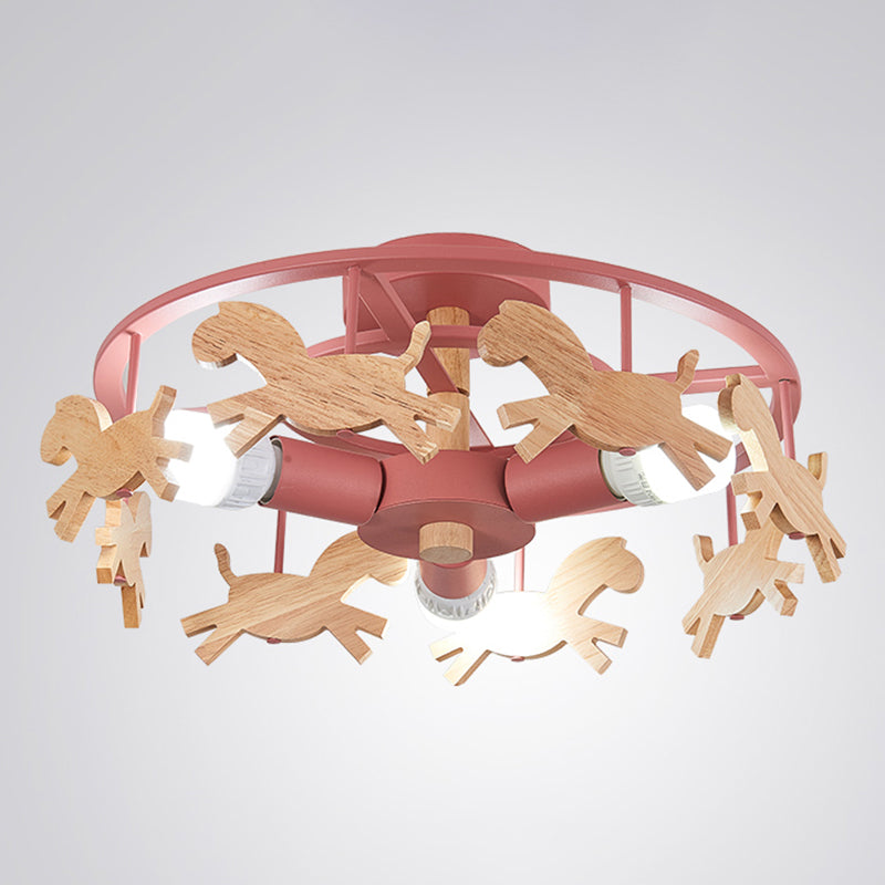 Merry-Go-Round Kindergarten Ceiling Lamp Wooden 3-Head Kids Semi Flush Mount Light