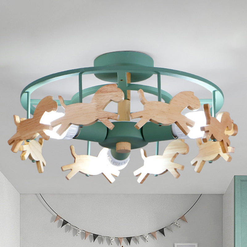Merry-Go-Round Kindergarten Ceiling Lamp Wooden 3-Head Kids Semi Flush Mount Light