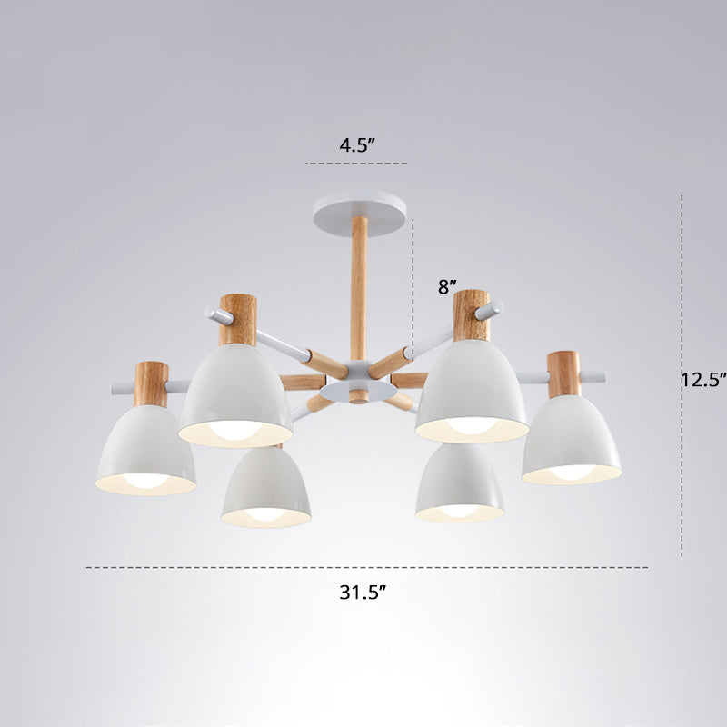 White Bell Suspension Light Fixture Minimalist Metal Chandelier Lamp with Wooden Decor