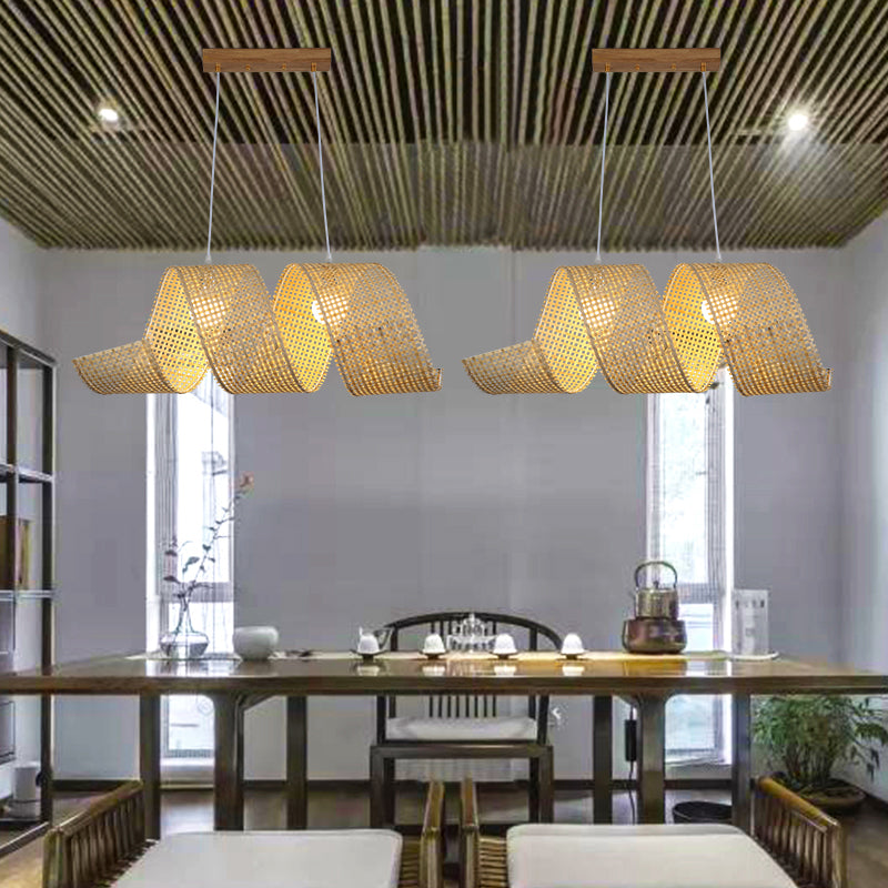 Beige Curl Hanging Light Minimalist 2-Light Bamboo Pendant Light Fixture for Tea Room