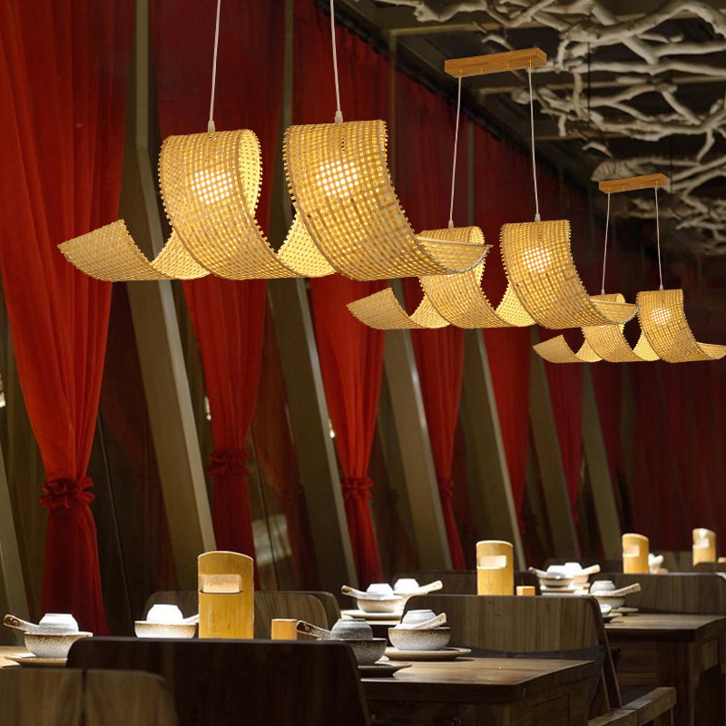 Beige Curl Hanging Light Minimalist 2-Light Bamboo Pendant Light Fixture for Tea Room