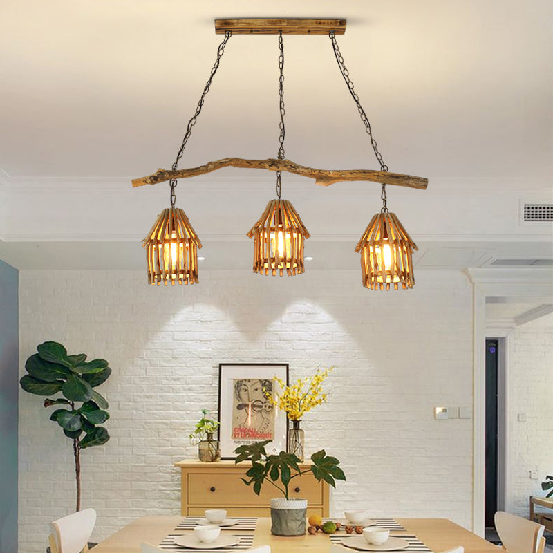 Wooden House Shaped Hanging Lamp Nordic 3 Heads Island Pendant Light for Dining Room