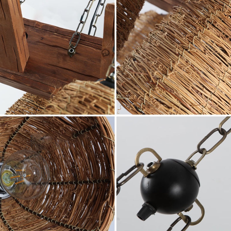 Brown Tapered Suspension Light Fixture Asia Rattan Island Lighting for Dining Room