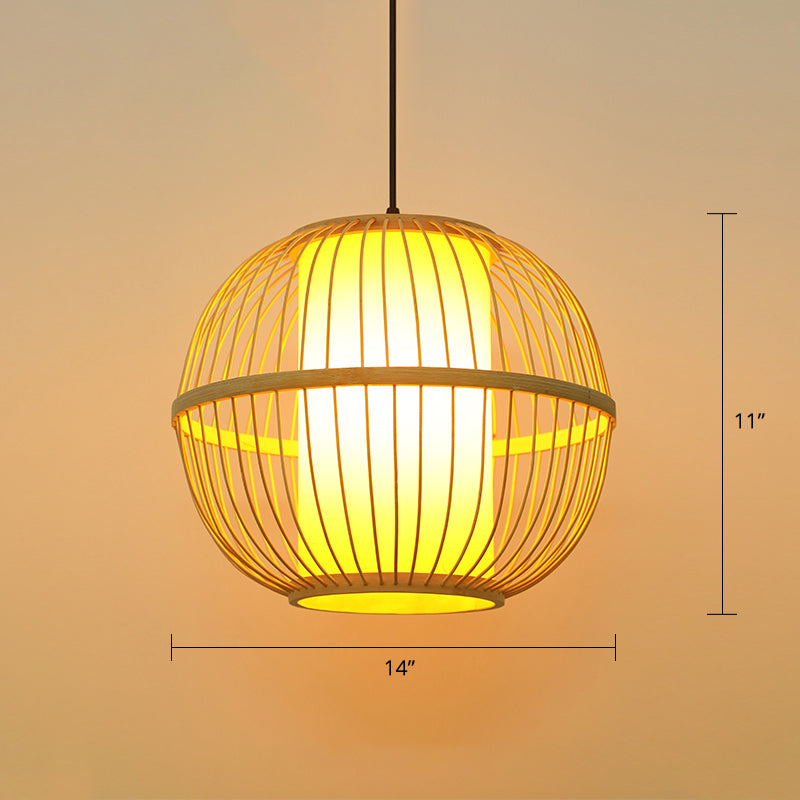 Sphere Tea Room Ceiling Pendant Wooden Single-Bulb Chinese Suspension Light in Beige