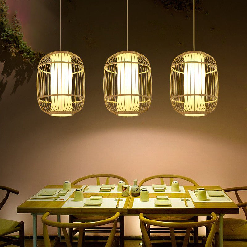 Chinese 1 Head Pendulum Light Beige Elliptical Lantern Pendant with Bamboo Shade