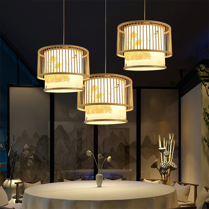 Drum Bamboo Pendant Lamp Asian 1-Light Beige Ceiling Light with Cylindrical Printed Shade