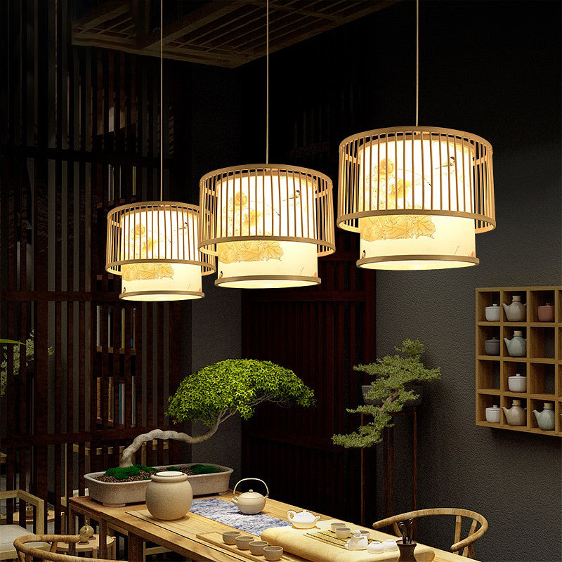 Drum Bamboo Pendant Lamp Asian 1-Light Beige Ceiling Light with Cylindrical Printed Shade