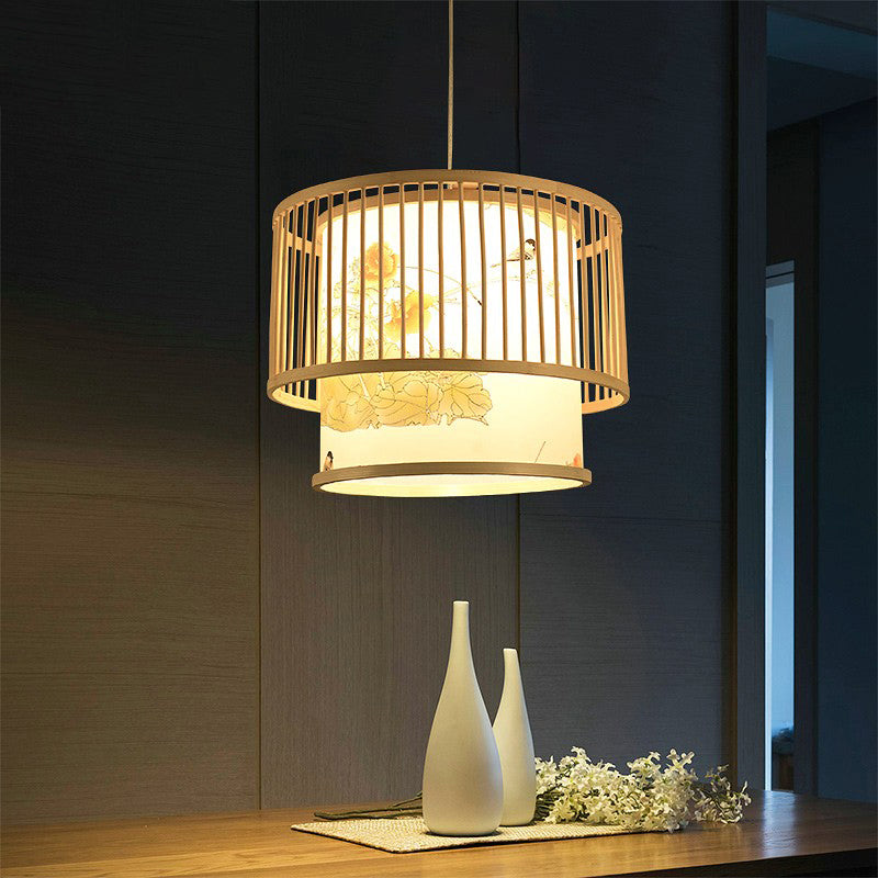 Drum Bamboo Pendant Lamp Asian 1-Light Beige Ceiling Light with Cylindrical Printed Shade